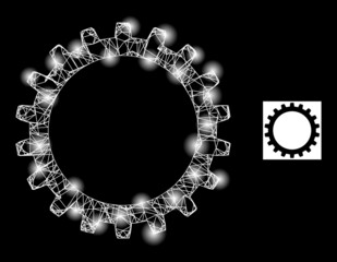 Glare network cogwheel icon with glowing light spots. Illuminated constellation is created using cogwheel vector icon and intersected lines. Illuminated frame cogwheel, on a black background.