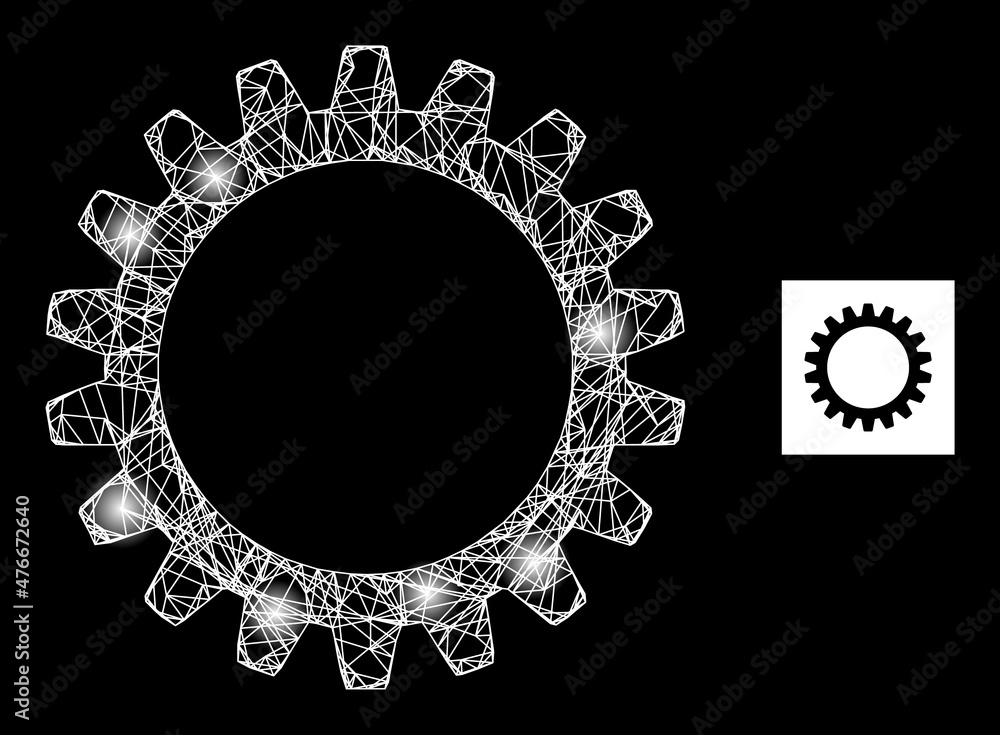 Poster glare net cogwheel icon with illuminated light spots. illuminated model is done from cogwheel vector
