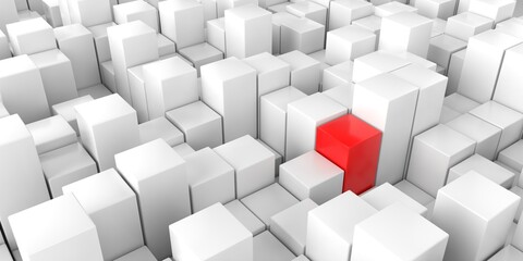 Abstract background of many white and one red cube. Geometric concept. 3D visualization