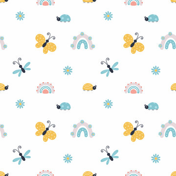 Seamless summer pattern with cute butterfly and ladybug. Wallpaper for nursery. Draw rainbow. Background for sewing clothes, printing on fabric and textiles.