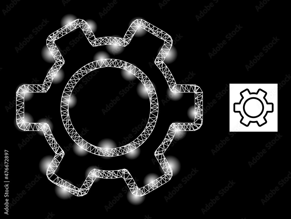 Poster shiny crossing mesh contour gear icon with illuminated spots. illuminated model is created from cont