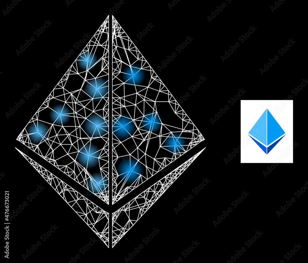 Poster bright mesh net crystal icon with bright spots. illuminated model is done from crystal vector icon a