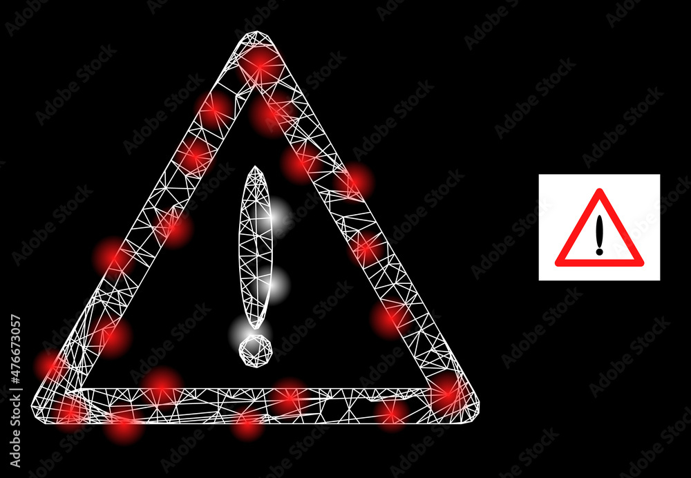 Poster shiny crossing mesh danger icon with bright spots. illuminated constellation is done from danger vec