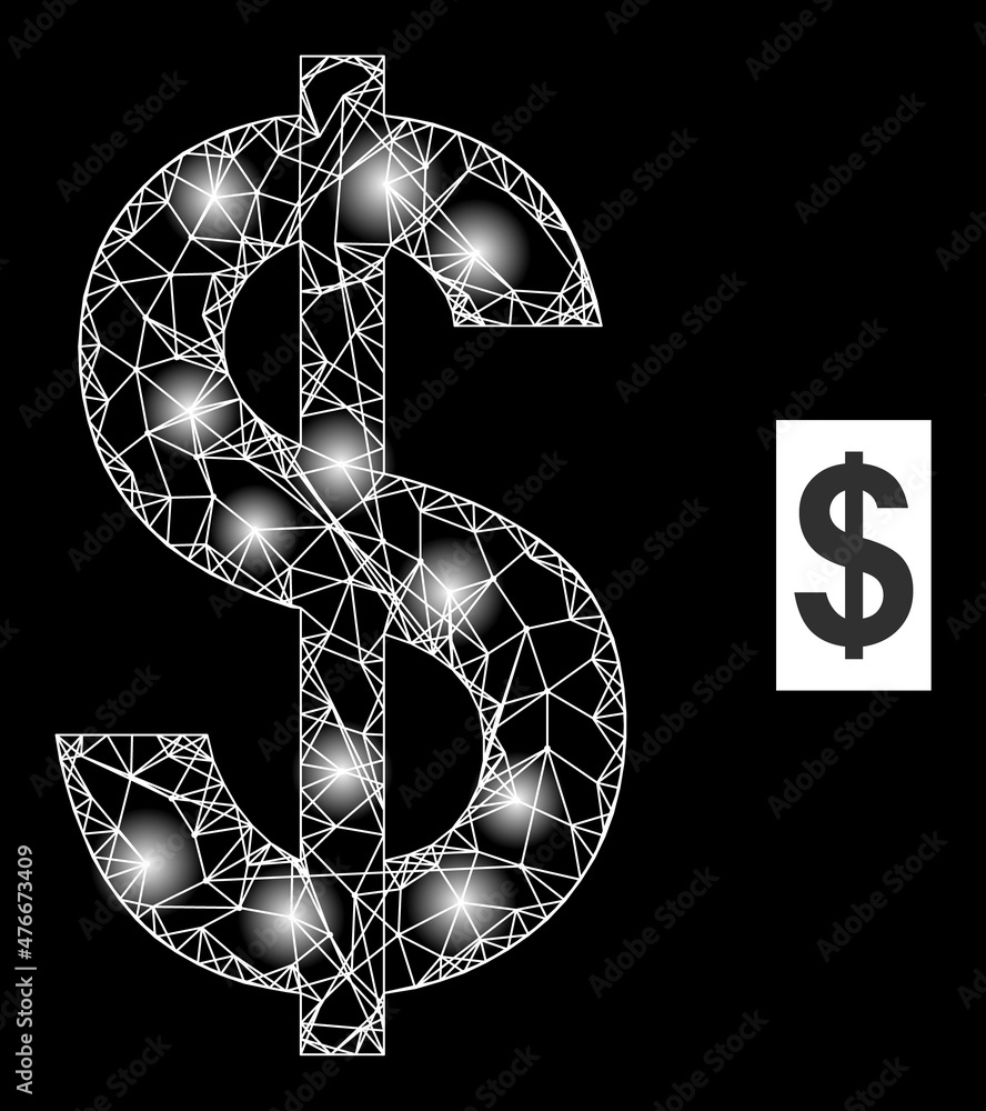 Poster glowing crossing mesh dollar sign icon with bright spots. illuminated constellation created using do