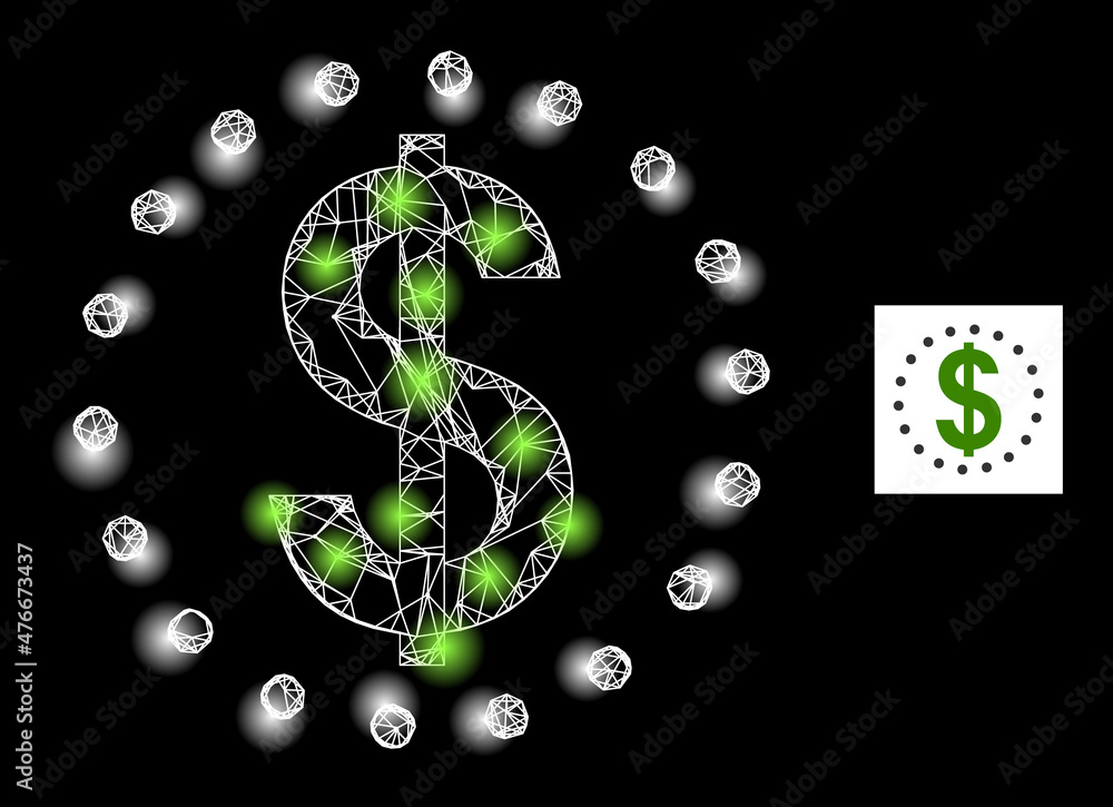 Poster bright mesh net dollar zone icon with sparkle spots. illuminated constellation is created using doll
