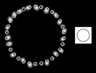 Glowing net dotted circle icon with illuminated light spots. Illuminated constellation is done from dotted circle vector icon and crossed lines. Constellation carcass dotted circle,