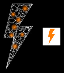 Bright crossing mesh electric spark icon with bright light spots. Illuminated constellation is done from electric spark vector icon and crossing lines. Bright frame electric spark,