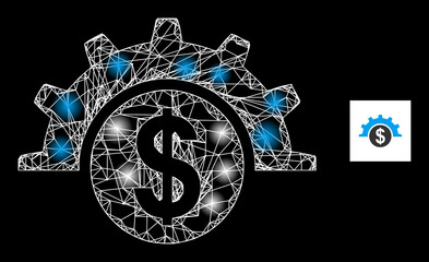 Shiny crossing mesh financial industry icon with illuminated spots. Illuminated model generated using financial industry vector icon and crossing lines. Flare carcass financial industry,