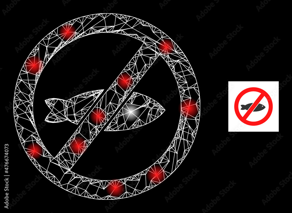Poster constellation mesh net forbidden fish icon with flare light spots. illuminated constellation is crea