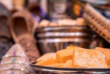 Traditional moroccan sweet dessert on sale at sweet shop in the local marketplace