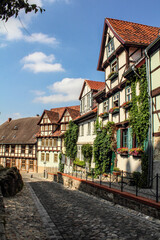 Old medieval houses in downtown Quedlinburg in Saxony-Anhalt