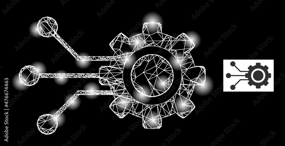 Poster shiny network gear connectors icon with illuminated spots. illuminated constellation generated using