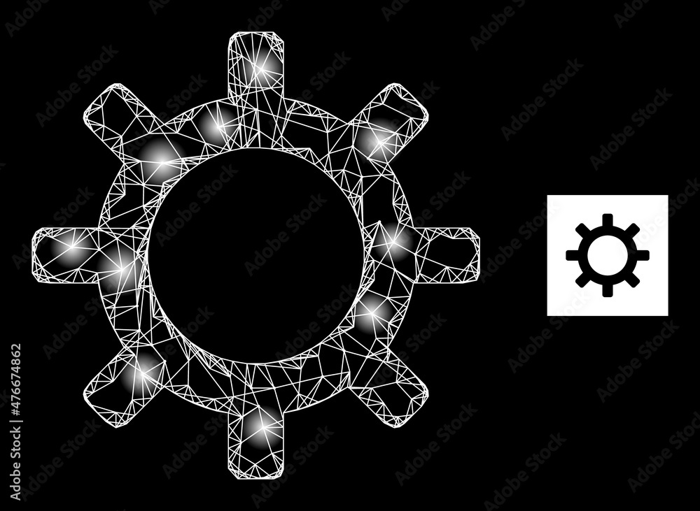 Poster bright mesh net gearwheel icon with bright light spots. illuminated constellation is done using gear