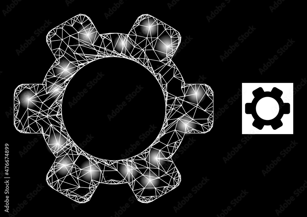 Poster glowing crossing mesh gearwheel icon with sparkle spots. illuminated constellation done using gearwh