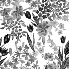 Aquarell Musterdesign mit Frühlingsblumensträußen. Botanische Illustration der Weinlese. Elegante Dekoration für jede Art von Design. Modedruck mit bunten abstrakten Blumen. Aquarell Textur.