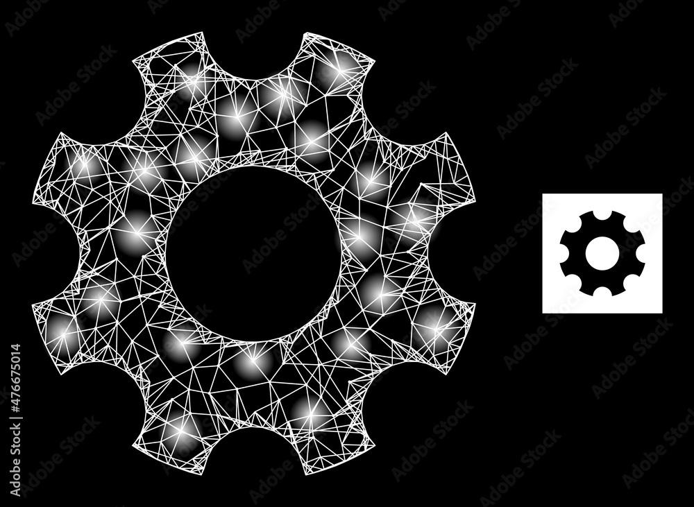 Poster constellation net gearwheel icon with glossy light spots. illuminated constellation is done from gea