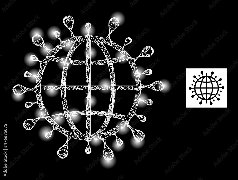 Poster glare mesh net global coronavirus icon with illuminated spots. illuminated model done using global c