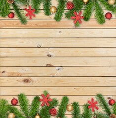 Fototapeta na wymiar Christmas festive background frame with greenery, decorations.