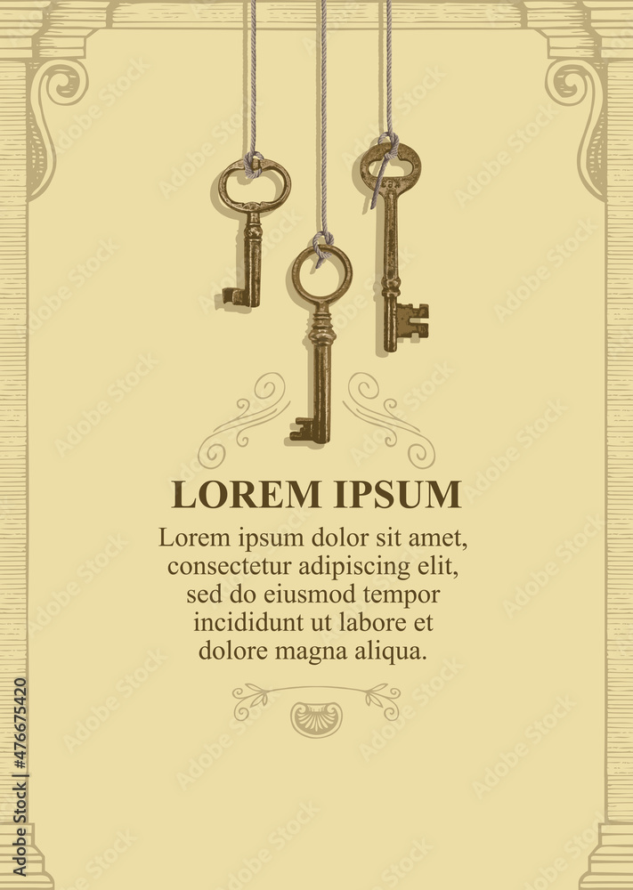 Poster vector background with beautiful old keys and a place for text in a hand-drawn frame on an old paper