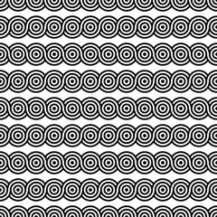 Seamless pattern with monochrome circles, rings, spirals. Abstract geometric shapes texture. Minimalistic composition for textile, web design, cards, background. Vector illustration