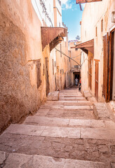 Narrow old alley of stone flooring staircase with residential structure on both side