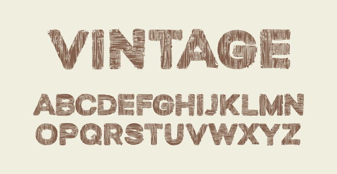 VINTAGE lettering in brown letters and the English alphabet with a textile texture. Vector set of capital Latin letters in retro style on light background. Stylish and creative fabric font design