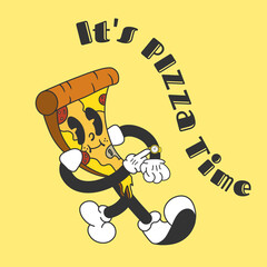 Retro grunge vintage 1930s comic cartoon character slice of pizza. It's pizza time. Vector illustration of pizza mascot, character. Funny piece of pizza.