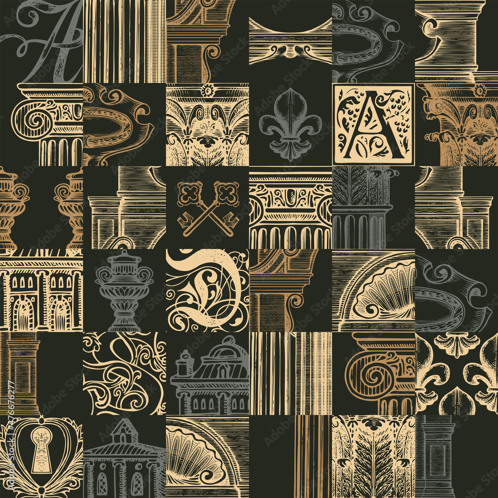 Poster abstract seamless pattern on theme of ancient architecture and art. vector background in vintage sty