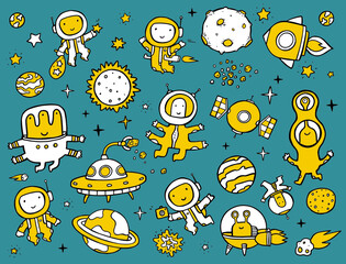  Big collection of aliens and astronauts. For kids, hand drawings, vector graphics.