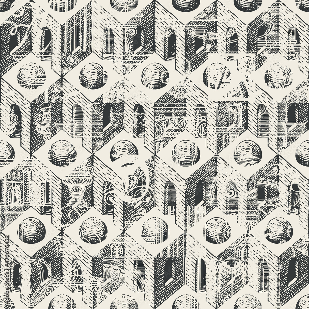 Poster abstract seamless pattern with hand-drawn architectural elements. multi layered vector texture with 