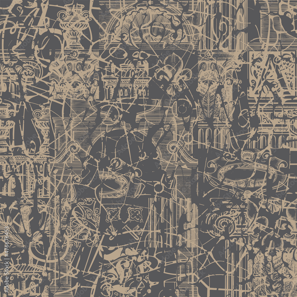 Poster abstract seamless pattern with chaotic scribbles and hand-drawn architectural elements on a dark bac