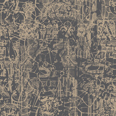 Abstract seamless pattern with chaotic scribbles and hand-drawn architectural elements on a dark backdrop. Monochrome vector background in grunge style.Graphic print, wallpaper, wrapping paper, fabric