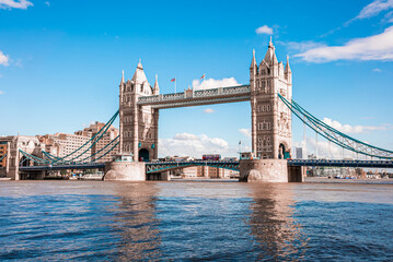 Iconic Tower Bridge view connecting London with Southwark over Thames River, UK. Beautiful view of the bridge.