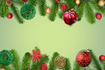 Christmas festive background frame with greenery, decorations.