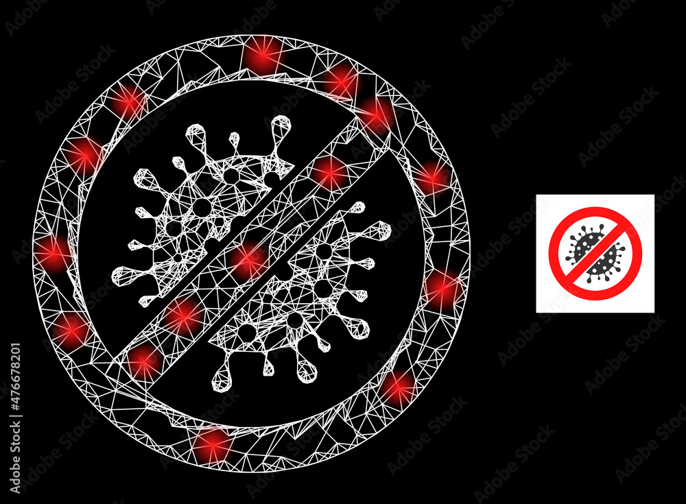 Poster glare mesh net stop coronavirus icon with glossy spots. illuminated constellation generated using st