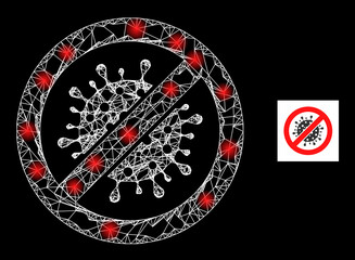 Glare mesh net stop coronavirus icon with glossy spots. Illuminated constellation generated using stop coronavirus vector icon and intersected lines. Glossy frame stop coronavirus,