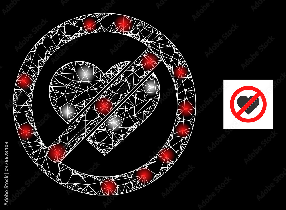 Poster constellation net mesh stop love heart icon with illuminated spots. illuminated constellation is don