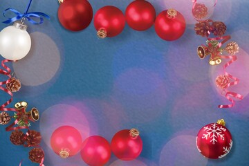 Christmas frame with decorations, baubles, garland, confetti on background. Holiday celebration