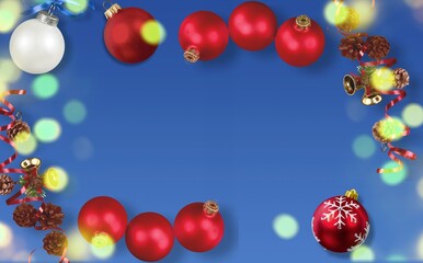 Christmas frame with decorations, baubles, garland, confetti on background. Holiday celebration