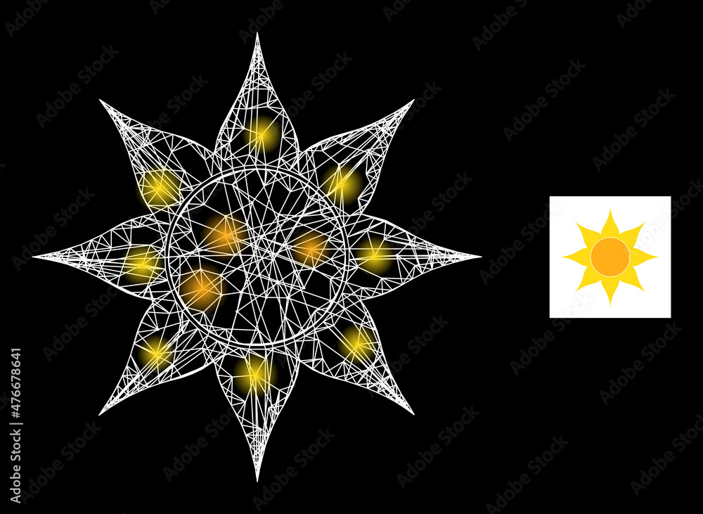 Poster glare network sun icon with glitter light spots. illuminated model is done using sun vector icon and