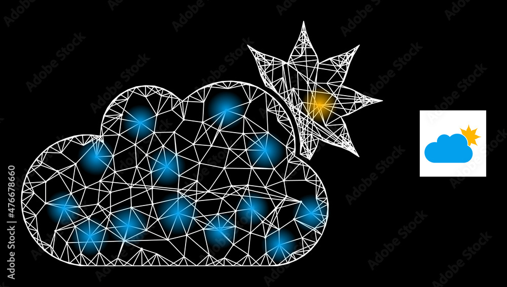 Poster constellation net mesh sun cloud icon with bright light spots. illuminated constellation created usi