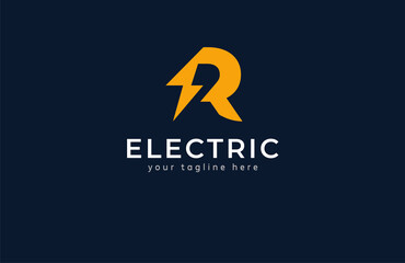 Initial Letter R Electric Logo. letter R with thunder bolt combination. Flat style Logo Design Template element. vector illustration