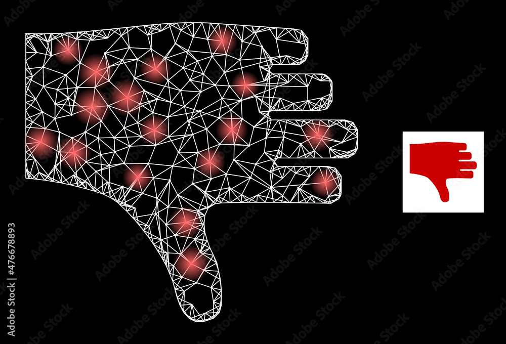 Poster constellation mesh net thumb down icon with glossy spots. illuminated constellation is created from 