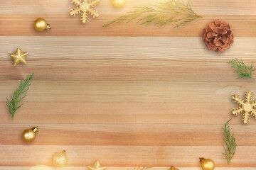 Christmas frame with decorations, baubles, garland, confetti on background. Holiday celebration