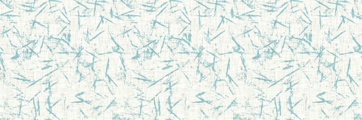 Aegean teal streaked border strip linen texture background. Coastal summer style home decor fabric effect. Sea green wash grunge edge material. Decorative textile mottle seamless pattern banner. 
