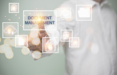 Concept of business document management system, change of document management, business process, business, and technology concept. Businessman touching virtual screen access document system.
