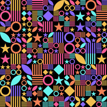 Patr&oacute;n geom&eacute;trico abstracto consistente en figuras variadas en colores pastel sobre fondo negro.