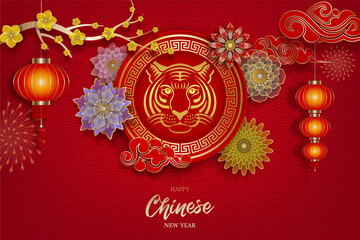 Chinese new year background with gold decorations, red lanterns, flowers and gold tiger