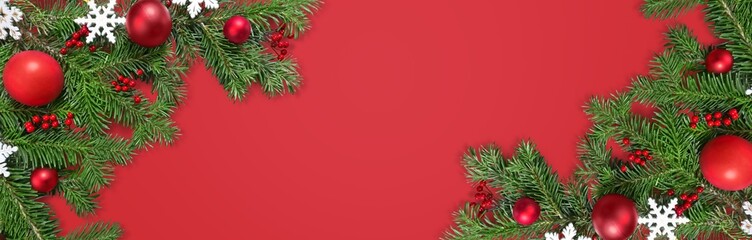 Christmas banner with fir branches, lights and new year decorations.
