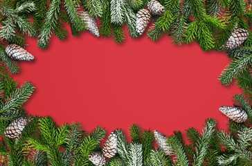 Fototapeta na wymiar Christmas banner with fir branches, lights and new year decorations.